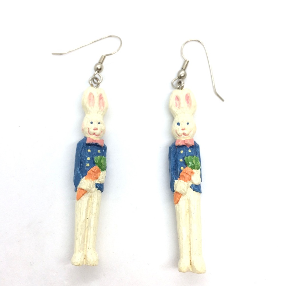 !!SOLD!! WOOD CARVED EASTER RABBIT BUNNY EARRINGS MAN - Picture 1 of 8